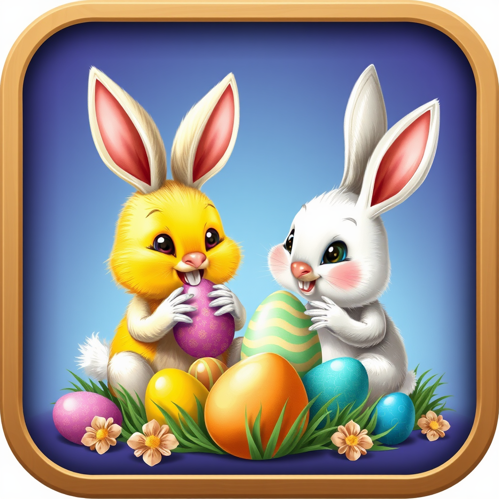 The chick and bunny are eating Easter eggs.