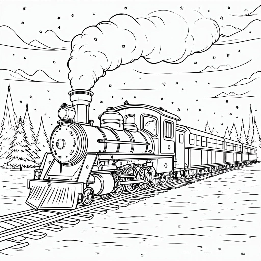 The image shows a train on the tracks with smoke billowing out of its chimney, surrounded by trees and mountains in the background. At the bottom of the image, there is text that reads 