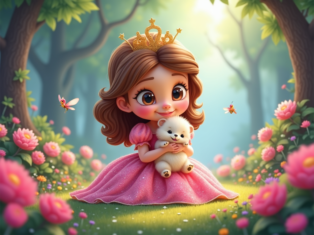 A chibi-style princess with a round face and exaggerated features, her pet a small, fluffy animal with oversized paws and big, innocent eyes.