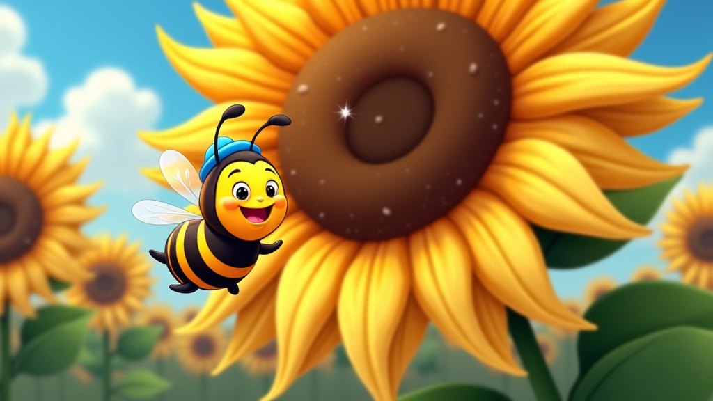 A cartoon bee with a tiny blue cap, buzzing energetically around a giant sunflower, its face full of exhilaration.