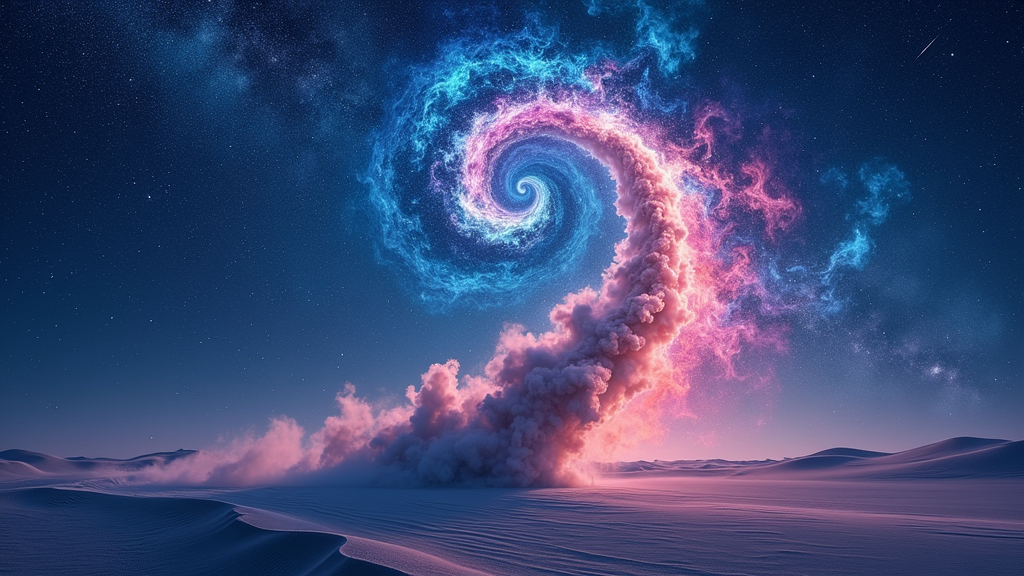 An artistic representation of a playa dust storm spiraling upwards, seamlessly transforming into a colorful nebula in the vast night sky above.