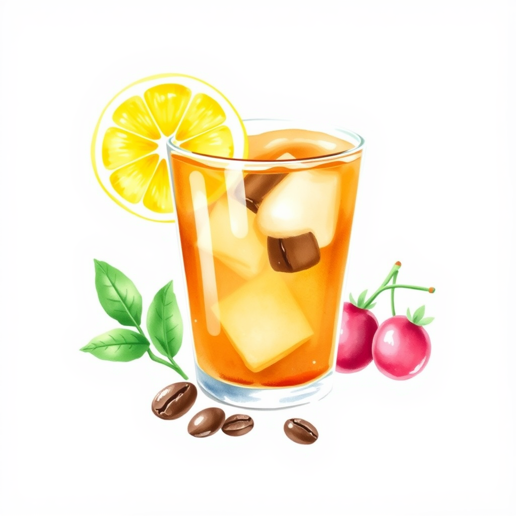 Sub Design Idea 3: Watercolor icons focusing on the key ingredients or garnishes of popular beverages, like a lemon wedge with iced tea, coffee beans, a sprig of mint, or berries, painted with delicate watercolor strokes.