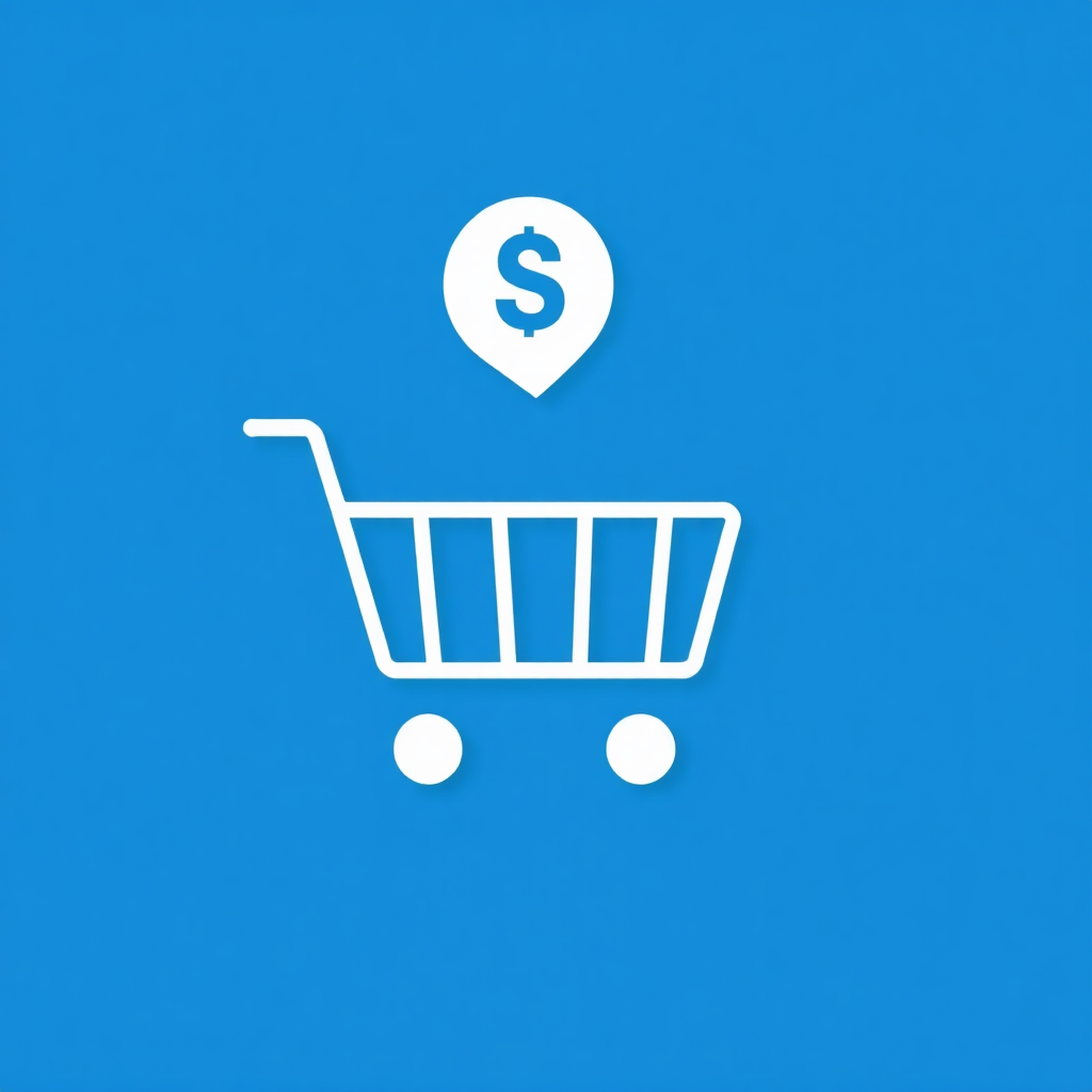 The image is a square icon with a blue background. In the center of the icon, there is a white shopping cart with a dollar sign on top of it. The shopping cart has four wheels and a handle on the left side. The dollar sign is in the shape of a heart. The icon is simple and minimalistic.