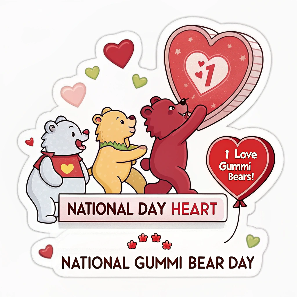 Interactive Scene Sticker: A playful scene showing several gummi bears interacting around a large heart symbol (the 'National Day Heart'). One gummi bear might be hugging the heart, another joyfully exclaiming 'I Love Gummi Bears!', with 'National Gummi Bear Day' clearly marked, perhaps on a mini calendar element or festive banner within the scene.