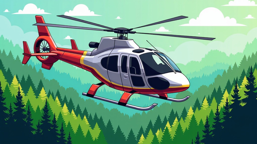  a red and white helicopter flying over a green forest. The helicopter is in the center of the image, with its body facing towards the right side of the frame. It has a pointed nose and two propellers on either side. The body of the helicopter is painted in a combination of red, white, and yellow colors, with the red on the left side and the white on the right. The background is a light blue sky with white clouds. The trees in the forest are tall and green, with a mix of evergreens and deciduous trees. The overall color scheme is bright and vibrant, with shades of green, yellow, and orange.