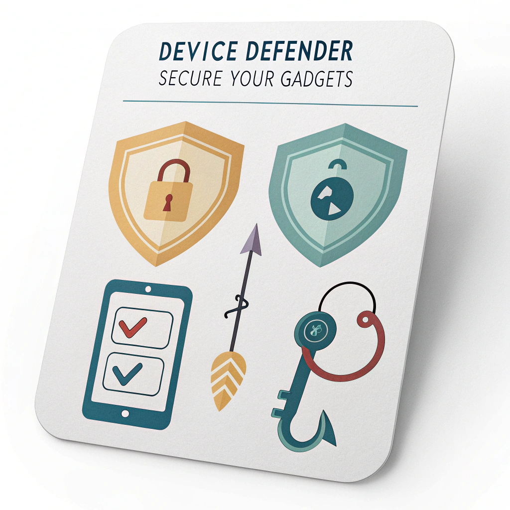 Sticker Design 5 (Security Action Checklist): A sticker designed like a mini-checklist with icons representing key security actions: strong password (key/lock), software updates (circular arrows), 2FA (two shields/keys), anti-phishing (fish hook with a cross). Title: 'Device Defender,' Tagline: 'Secure Your Gadgets.'
