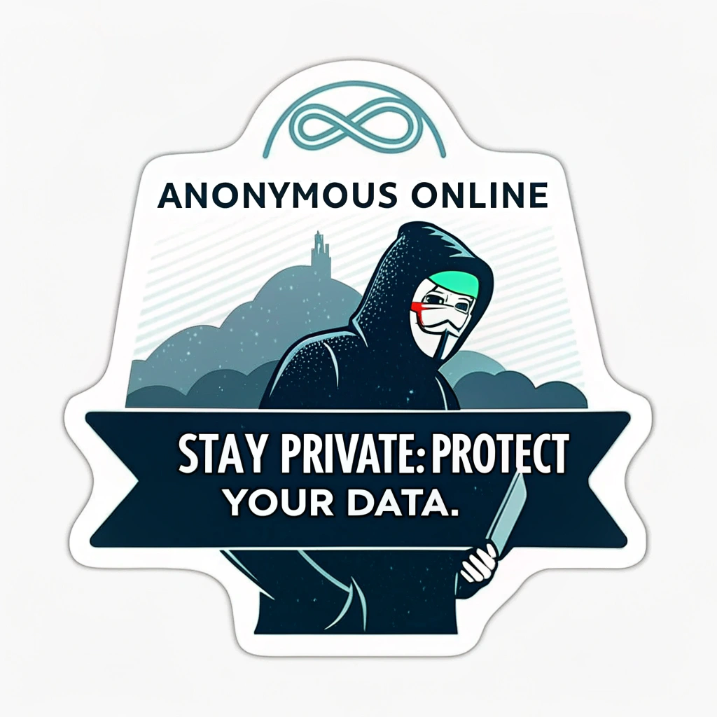 Anonymous Online Sticker: A stylized silhouette of a person with a digital mask or a pixelated face, emphasizing online anonymity. Text: 'Stay Private. Protect Your Data.' Color palette: Dark grays, blacks, with a highlight color for the mask or text.