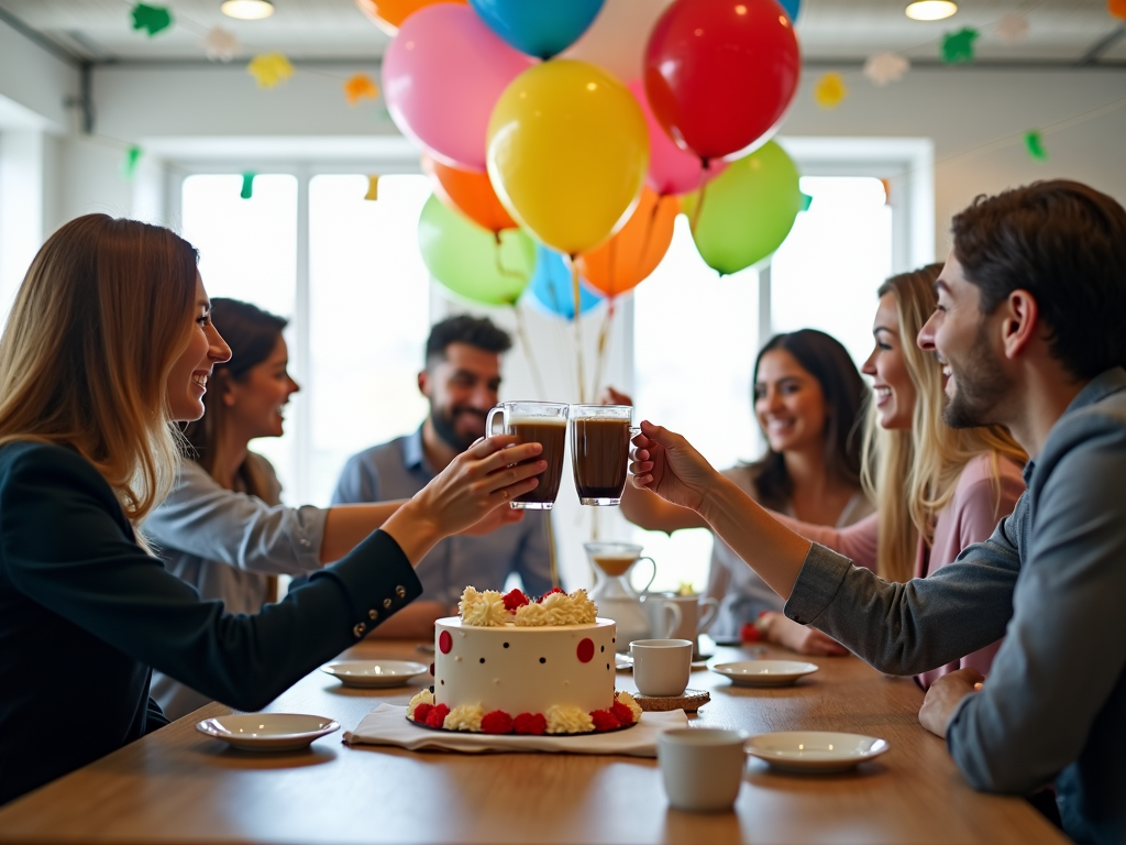 An office celebration with balloons and a cake, as employees toast with cups of coffee, appreciating achieved success in a friendly manner.