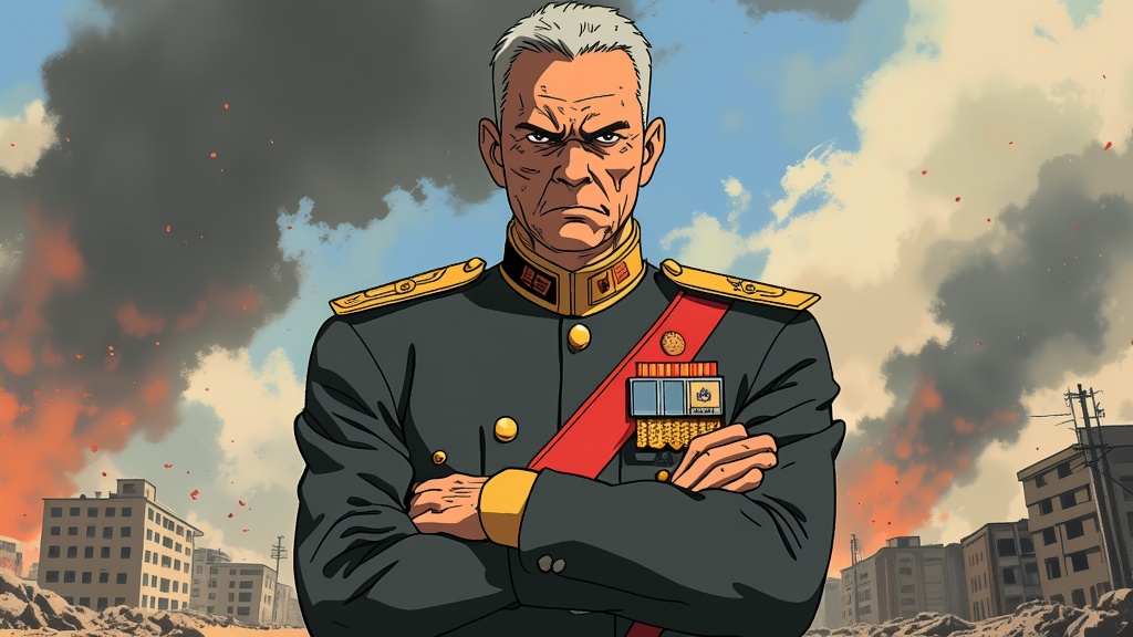 The image is an illustration of a man in a military uniform standing in front of a cityscape. The man appears to be in his late 40s or early 50s, with grey hair and a serious expression on his face. He is wearing a dark green military uniform with gold epaulettes and a red sash with a gold emblem on it. His arms are crossed over his chest and he is standing with his arms crossed. The cityscape behind him is filled with buildings and debris, and there is a large explosion in the background. The sky is cloudy and there are red and orange flames and smoke rising from the buildings. The overall mood of the image is tense and ominous.