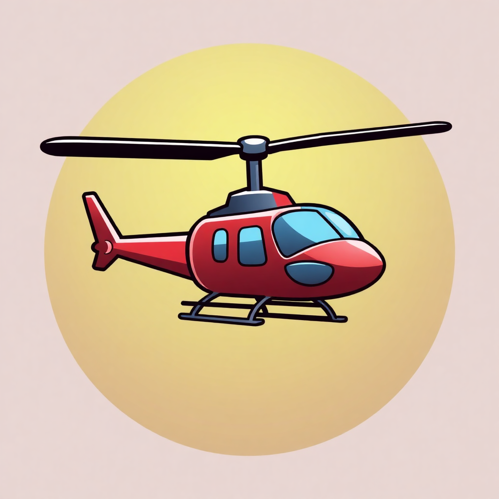 The image is a digital illustration of a red helicopter. The helicopter is in the center of the image, with a yellow circle surrounding it. The background is a light peach color, and the helicopter is outlined in black. The body of the helicopter has a pointed nose and two windows on the front. The wings are spread out, and there are two propellers on either side of the body. The overall design is simple and cartoon-like.