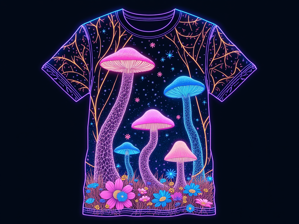 Sub-Design Idea 5: Luminous Mycelial Network - A design inspired by glowing fungal networks and bioluminescent mushrooms. Intricate neon lines representing mycelium could spread across the shirt, connecting various glowing mushroom caps and subtle floral elements, creating a mystical, interconnected nocturnal garden effect.