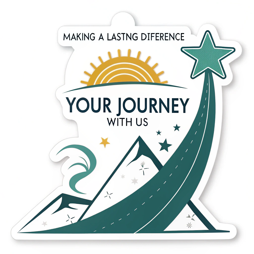 Simple Logo Concept: A design where the words 'Your Journey' in a friendly font form an upward sweeping arc or path, leading towards 'With Us' positioned at the peak. Above this, a stylized sun or a prominent star symbolizes 'Making a Lasting Difference.'