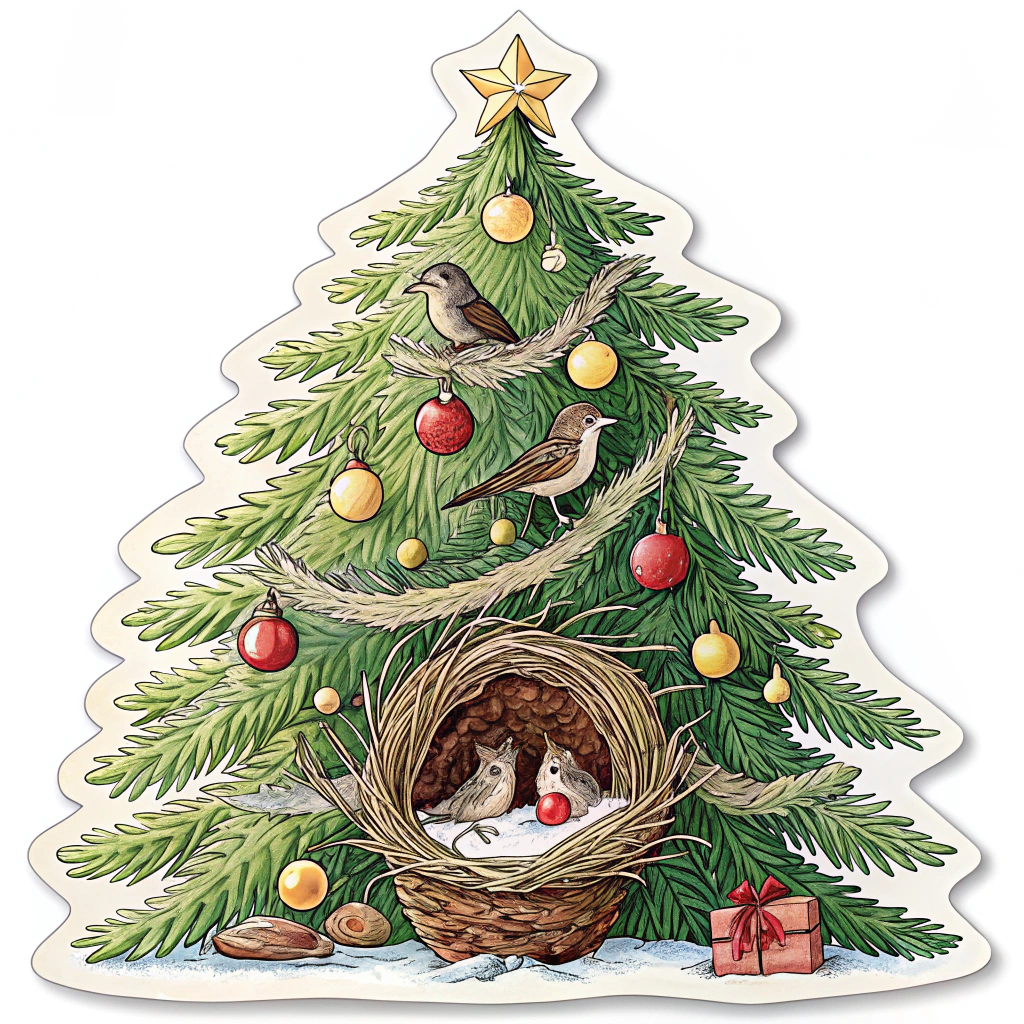 A detailed Christmas tree sticker showing a cutaway of the branches, revealing nests with little birds, adding charming wildlife stillness to the festive scene.