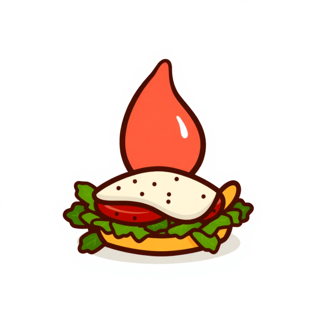 The image shows a cartoon hamburger with lettuce, tomato, and cheese on a white background.