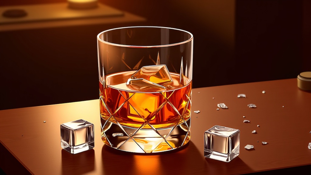  a glass of whiskey on a wooden table. The glass is filled with a golden-brown liquid, which appears to be whiskey, and there are several ice cubes scattered around it. The ice cubes are of different sizes and shapes, and they are arranged in a way that they are overlapping each other. The background is dark, and the table is lit with a warm glow, creating a cozy atmosphere. The overall mood of the image is elegant and sophisticated.