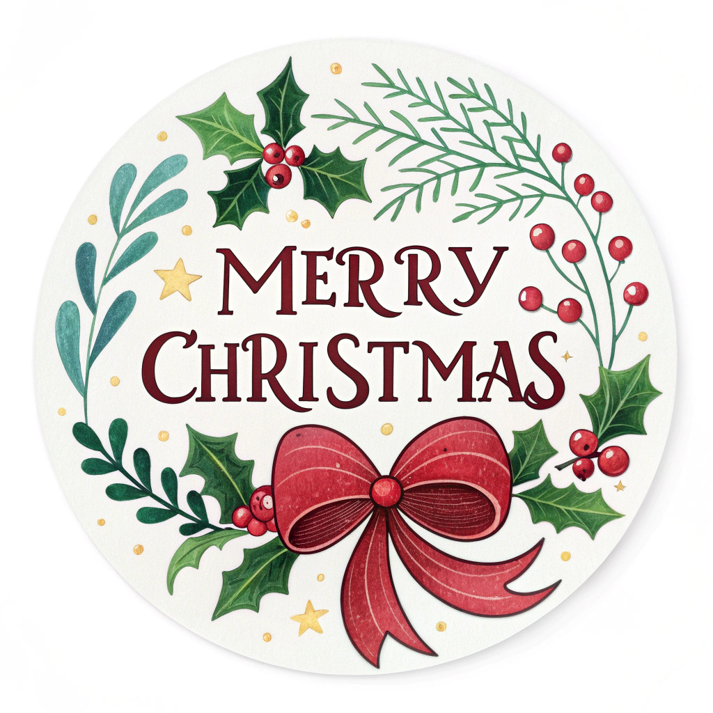 The image shows a merry christmas wreath with holly leaves and a red bow, set against a white background. The wreath is composed of various fruits and leaves, and the text 