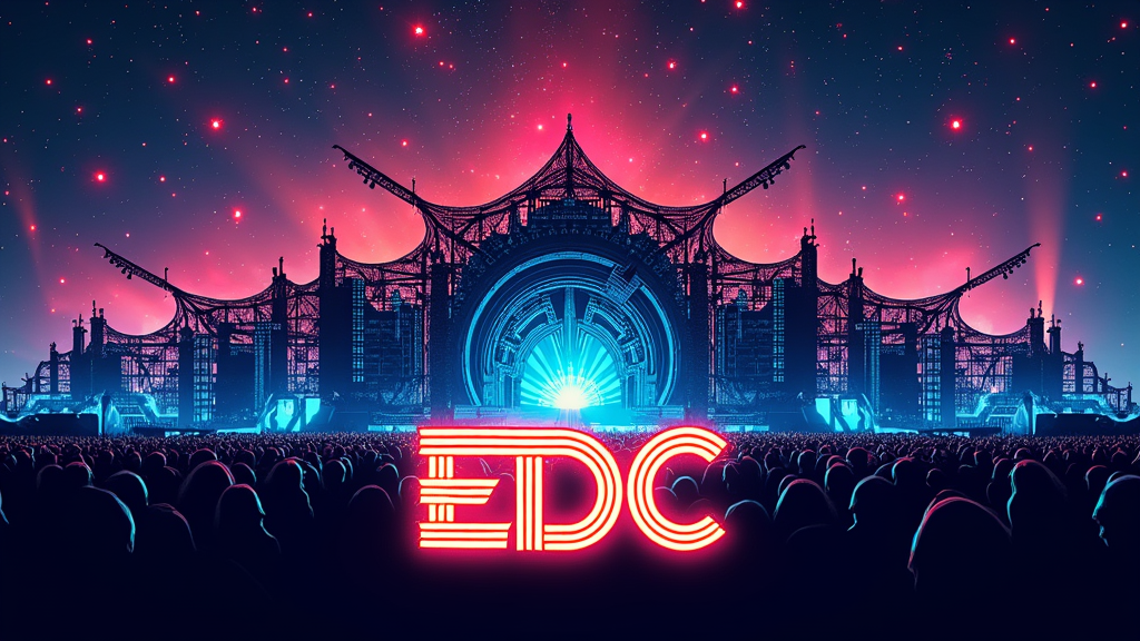 A silhouette of the full Kinetic Field stage design (from a recent year or a classic one) against a vibrant, star-filled night sky, with 'EDC' in bold, electric lettering below.