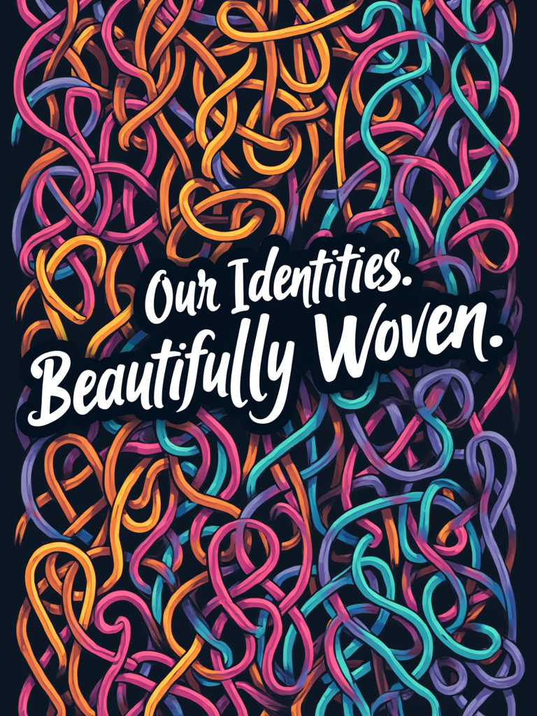 Woven Identities: A T-shirt design with intertwined strands or ribbons in a multitude of colors, creating a dynamic, harmonious, and complex pattern. This illustrates the fluidity, interconnection, and richness of different gender identities. Text suggestion: 'Our Identities, Beautifully Woven.'