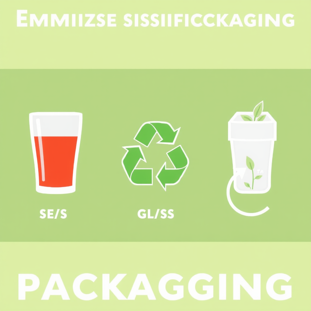 Emphasize sustainable packaging: Icons of beverage containers (glass, aluminum, biodegradable materials) integrated with clear recycling symbols, circular economy arrows, or a small sprout, visually communicating responsible packaging choices.