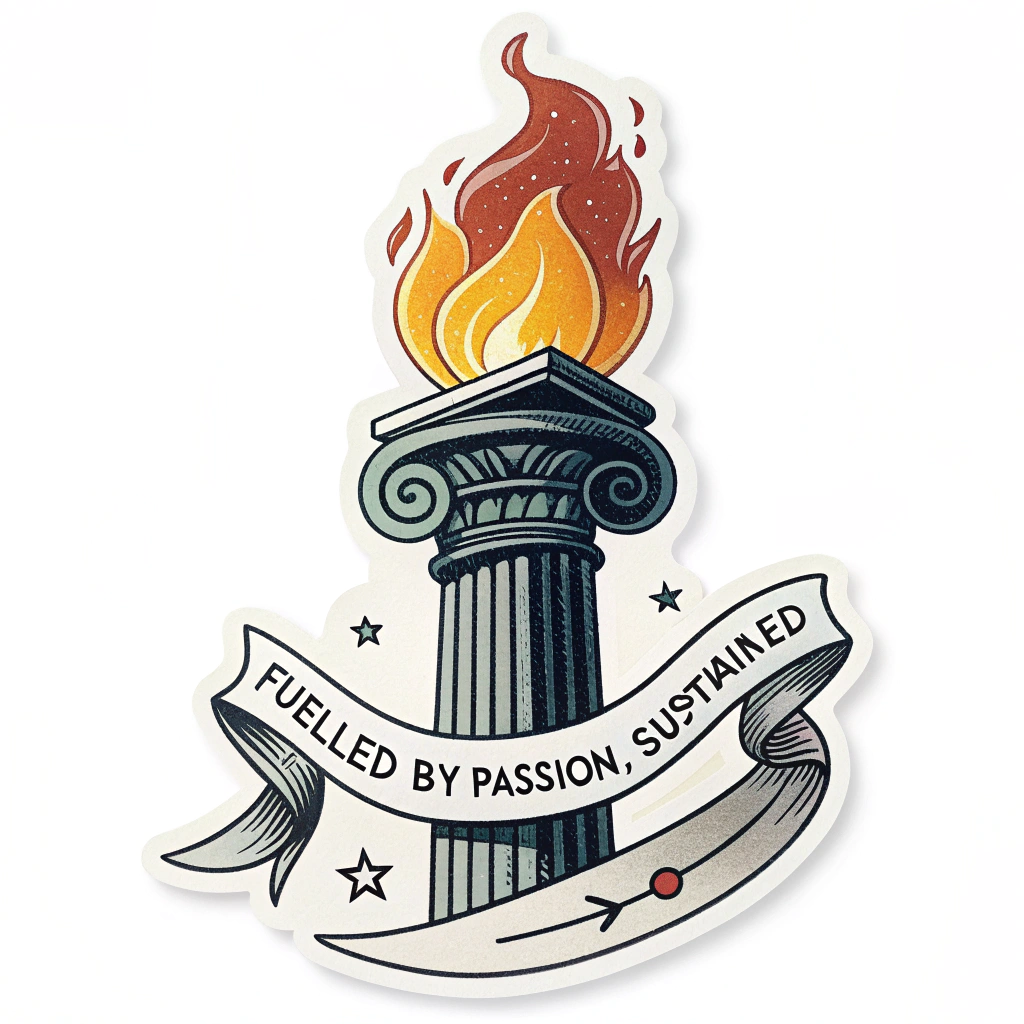 An illustration of a strong, classic pillar (symbolizing support) with a brightly burning torch or flame on top (symbolizing passion). The tagline 'Fuelled by Passion, Sustained by Support' can be inscribed on the pillar itself or designed as a banner around the flame.