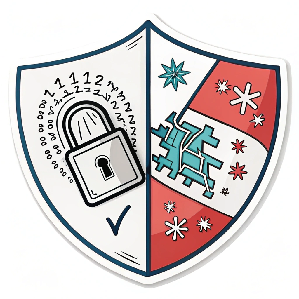 A shield icon split in two halves: one side showing a jumbled, chaotic mix of characters (representing a weak password or data breach attempt) being repelled, and the other side showing a clean, strong lock symbol or a neatly arranged set of asterisks (representing a strong, protected password).
