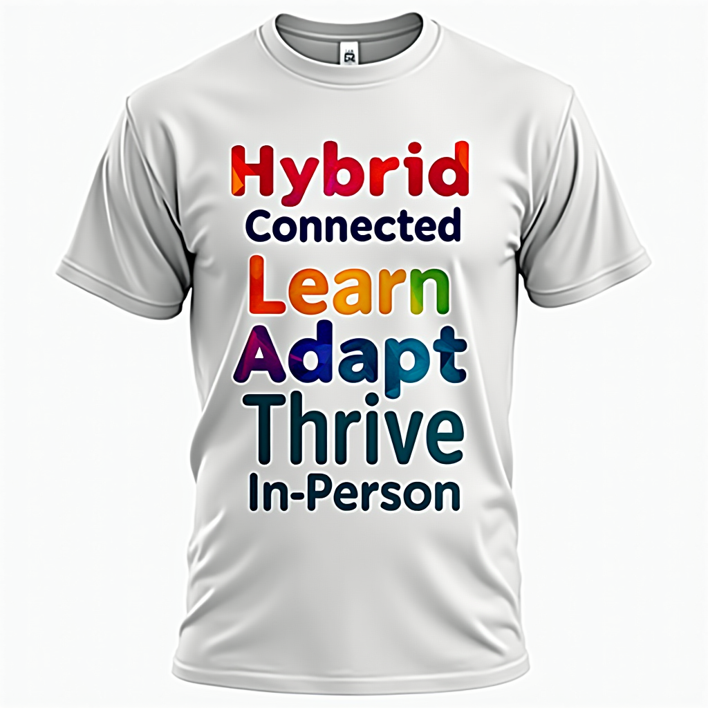 Design 5: Word cloud or typographic design using key terms like 'Hybrid', 'Connected', 'Learn', 'Adapt', 'Thrive', 'Online', 'In-Person', arranged to suggest connection or bridging.