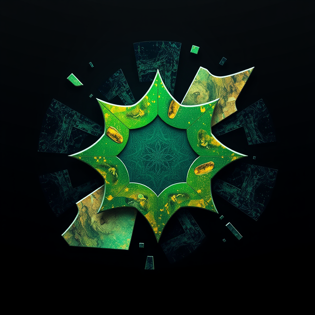 A central abstract shape (Muse's seed idea) that visibly fragments and reforms with emerging digital textures and patterns (AI generation), with the fragment edges showing 'tool marks'.