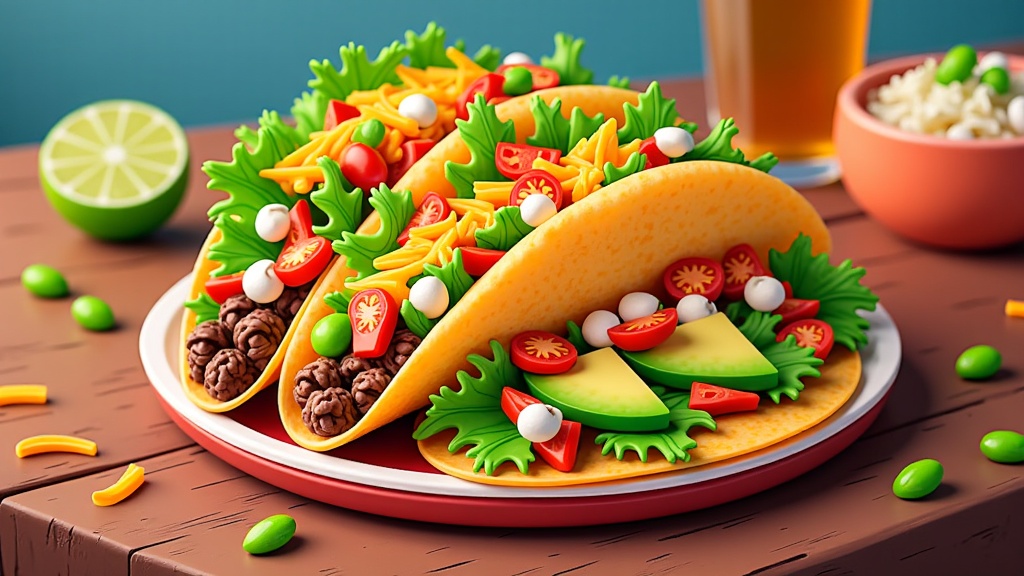  two tacos on a red plate with a glass of beer in the background. The tacos are filled with a variety of ingredients, including lettuce, tomatoes, cheese, and other vegetables. There are also some nuts and seeds scattered around the plate. On the right side of the plate, there is a small bowl of rice and a lime wedge. The background is a wooden table with a blue wall. The overall color scheme of the image is bright and vibrant.