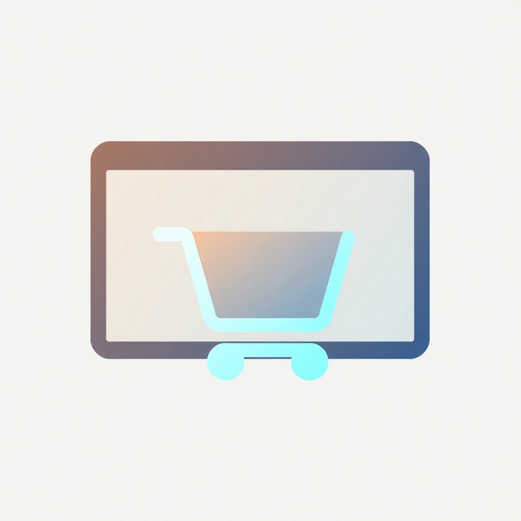 The image is a simple illustration of a computer monitor with a shopping cart icon on the screen. The monitor is rectangular in shape and has a light blue color. The shopping cart is in the center of the screen and is outlined in a darker blue color with a gradient effect. The background of the monitor is a light beige color. At the bottom of the image, there are two small blue wheels, which are likely used to move the monitor around. The overall design is minimalistic and modern.