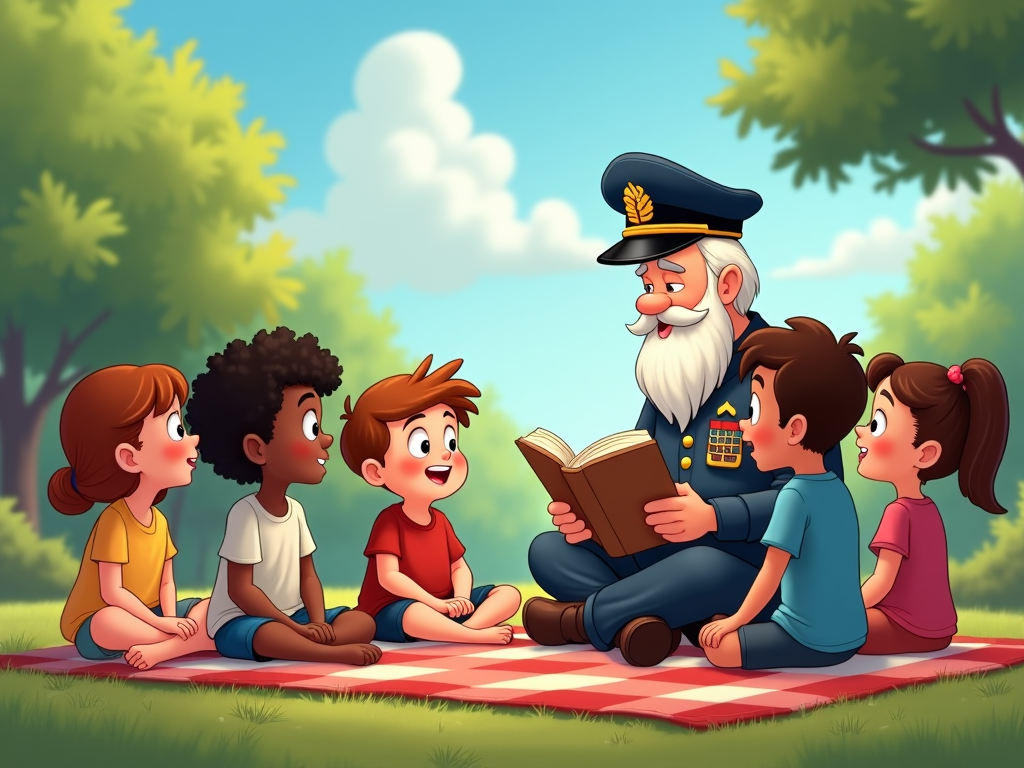 A dynamic drawing of a family banding together around a veteran in an outdoor setting, hearing tales from the military and histories of determination. The children listen intently, and the surroundings reflect a peaceful aura with serene landscapes, reinforcing the theme of honoring through storytelling.