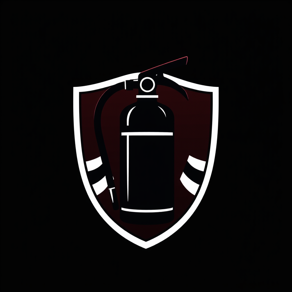 Stylized fire extinguisher silhouette integrated within a crest or shield emblem.