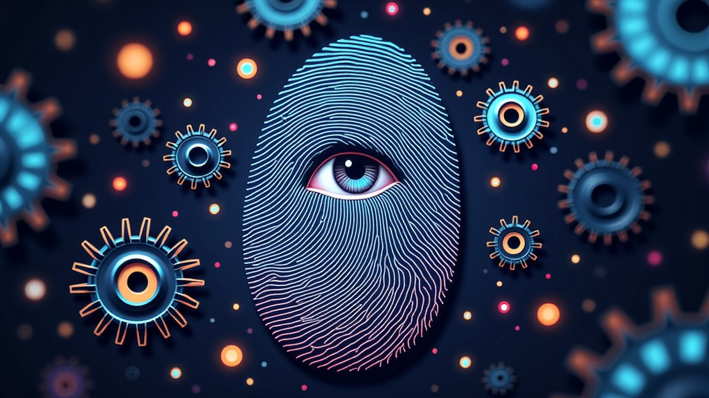 A visual metaphor of a digital 'fingerprint' unique to AI-generated art, intertwined with gears (for AI) and a human eye (for human oversight/ethics), to highlight the challenge of verifying authenticity.