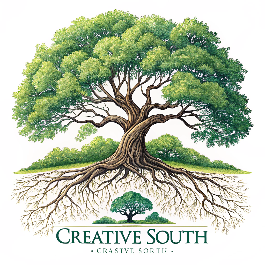 1. A majestic live oak tree with deep roots, symbolizing the enduring spirit of creativity at Creative South.