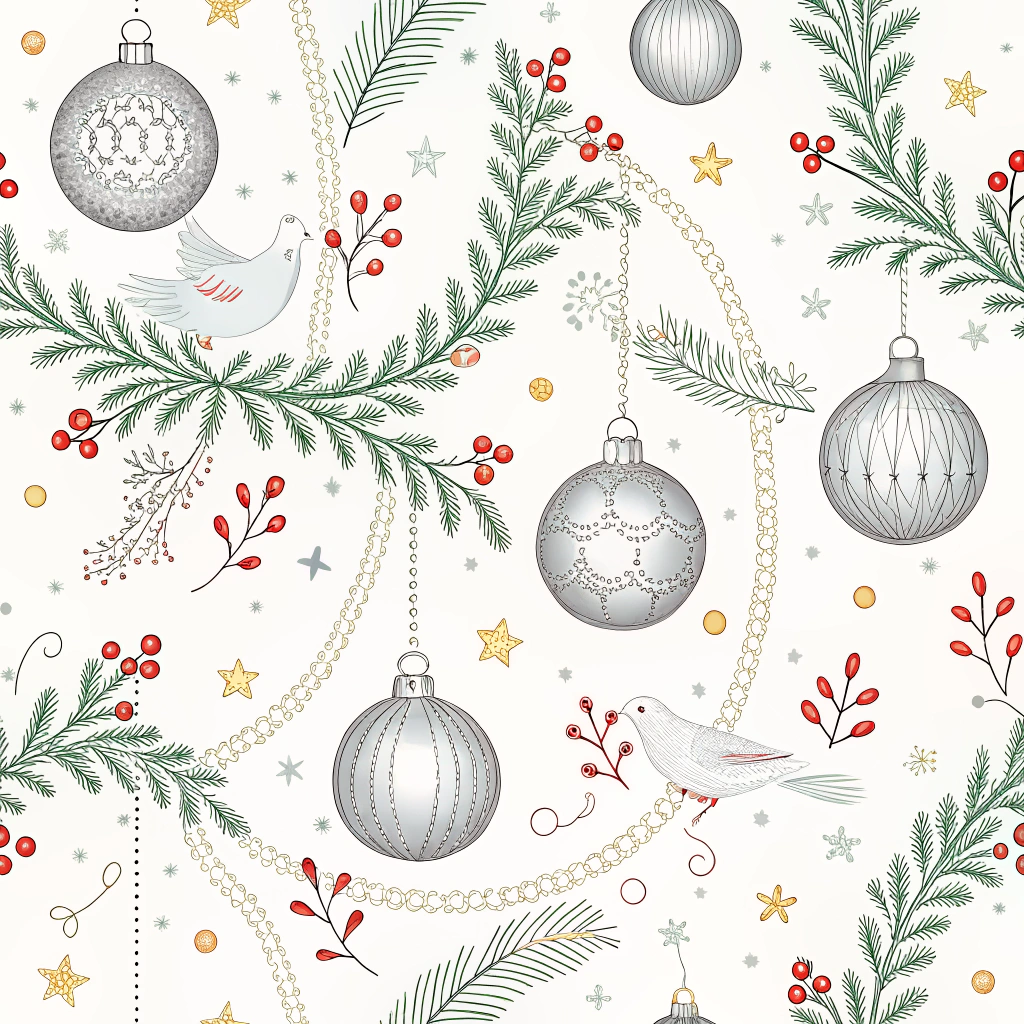 A shelf in a store packed with rolls of Christmas-themed wallpaper, showcasing diverse patterns such as silver baubles, festive garlands, and peaceful doves.