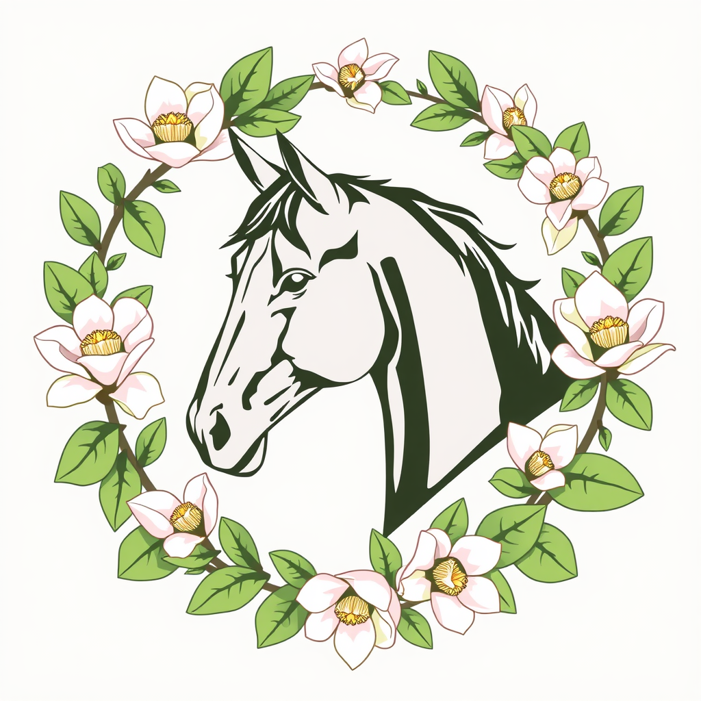 Sub-Design 3: The Thoroughbred & Magnolia Wreath - A noble thoroughbred head profiled within a wreath of magnolia blossoms and leaves, representing Southern flora and equine grace. Typography could be a stately, hand-lettered style indicating tradition.