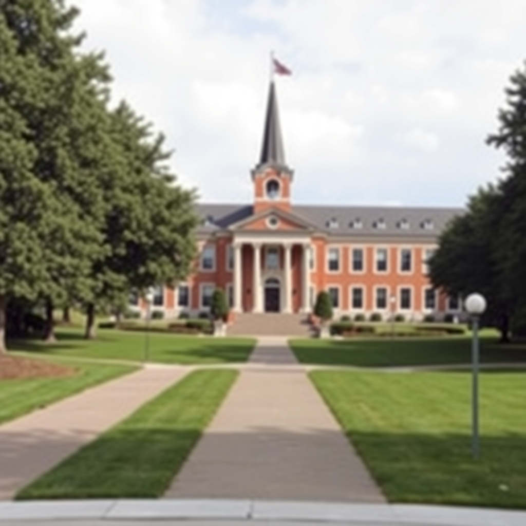  a large brick building with a steeple and a clock tower on top. The building has multiple windows and columns, and a flagpole with an American flag flying in front of it. The sky is blue and there are trees on either side of the building. In front of the entrance, there is a walkway leading up to the building, and the grass is neatly trimmed. The image appears to be taken on a sunny day.