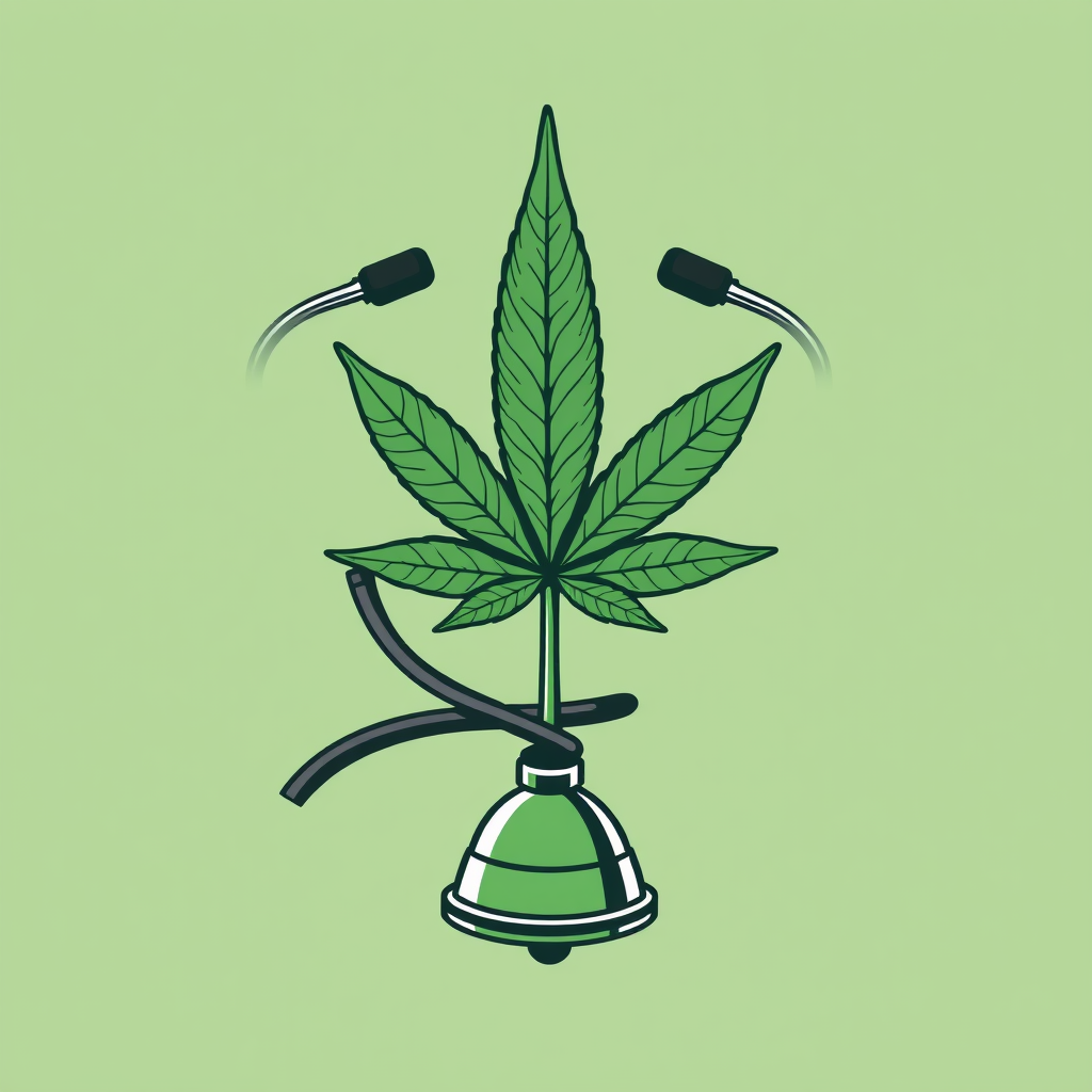 A single, prominent cannabis leaf serves as the 'rod' in a design inspired by medical symbols (like the Rod of Asclepius), with the stethoscope tubing elegantly spiraling around it, and the bell resting at the base.