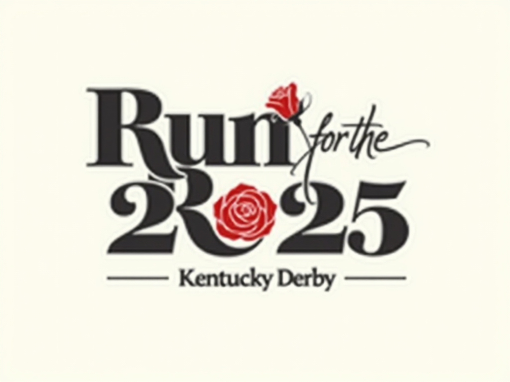 Modern & Bold Typography: A clean, impactful sans-serif font for 'Run for the Roses 2025'. The '2025' could be oversized or creatively integrated, perhaps with a segment of a number stylized as a rose stem or petal. 'Kentucky Derby' might be smaller, positioned as a subtitle. Focus on strong visual hierarchy and possibly a duotone color scheme incorporating a rich red for the rose accent.