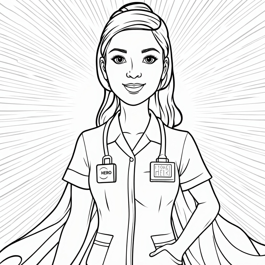 Coloring page of a nurse with a 'HERO' badge, viewed from a slightly low angle to enhance their heroic stature, with a subtle, stylized superhero cape outline or a radiant aura. Background includes abstract patterns representing health and healing.