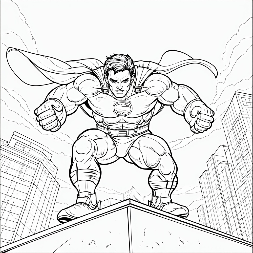 Dynamic Landing Impact: Superhero has just landed forcefully on a building ledge (slight cracking effect), viewed from a low angle, emphasizing power against the urban backdrop.