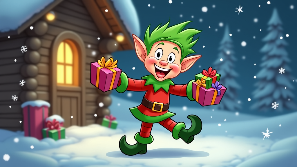 The image is a digital illustration of a Christmas elf in front of a log cabin. The elf is wearing a red and green outfit with a gold belt and boots. He has green hair and is holding two gift boxes in his hands. The gift boxes are pink and red with gold ribbons and bows on top. He is smiling and appears to be happy. The background is a snowy landscape with trees and snowflakes falling. The cabin is made of wood and has a small window and a door. The overall mood of the image is festive and cheerful.