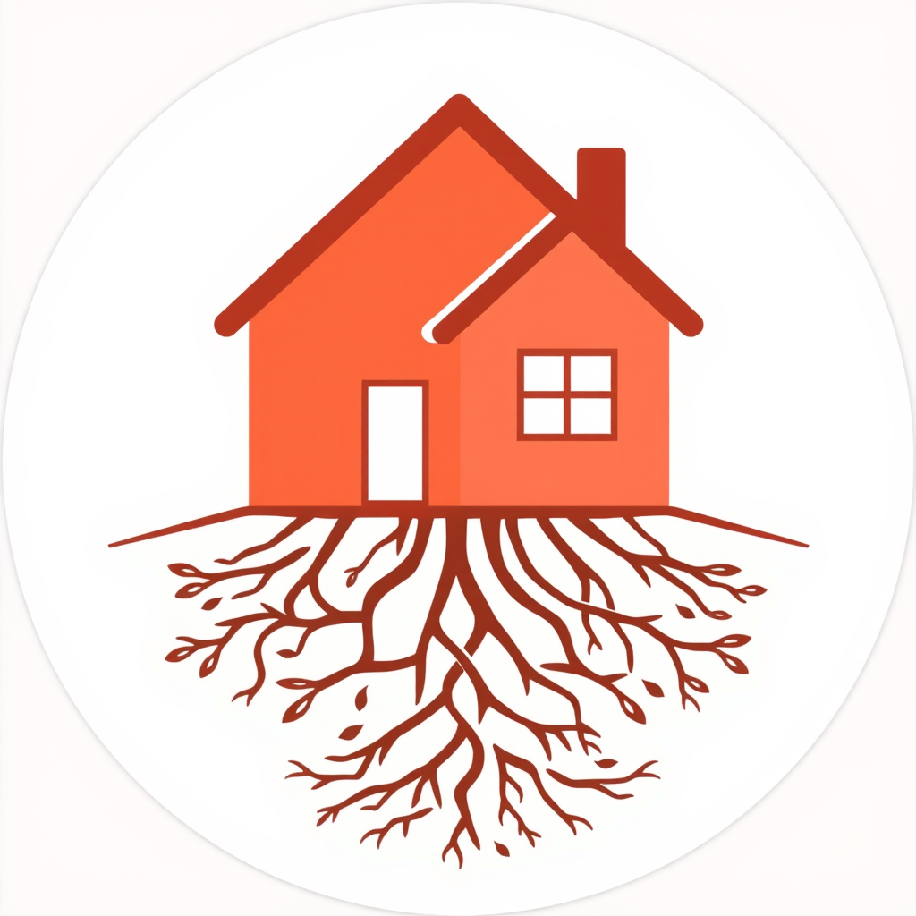 Two house outlines forming a heart shape, with intertwined roots extending below, symbolizing care, affordable belonging, and a community rooted in its homes and natural surroundings.