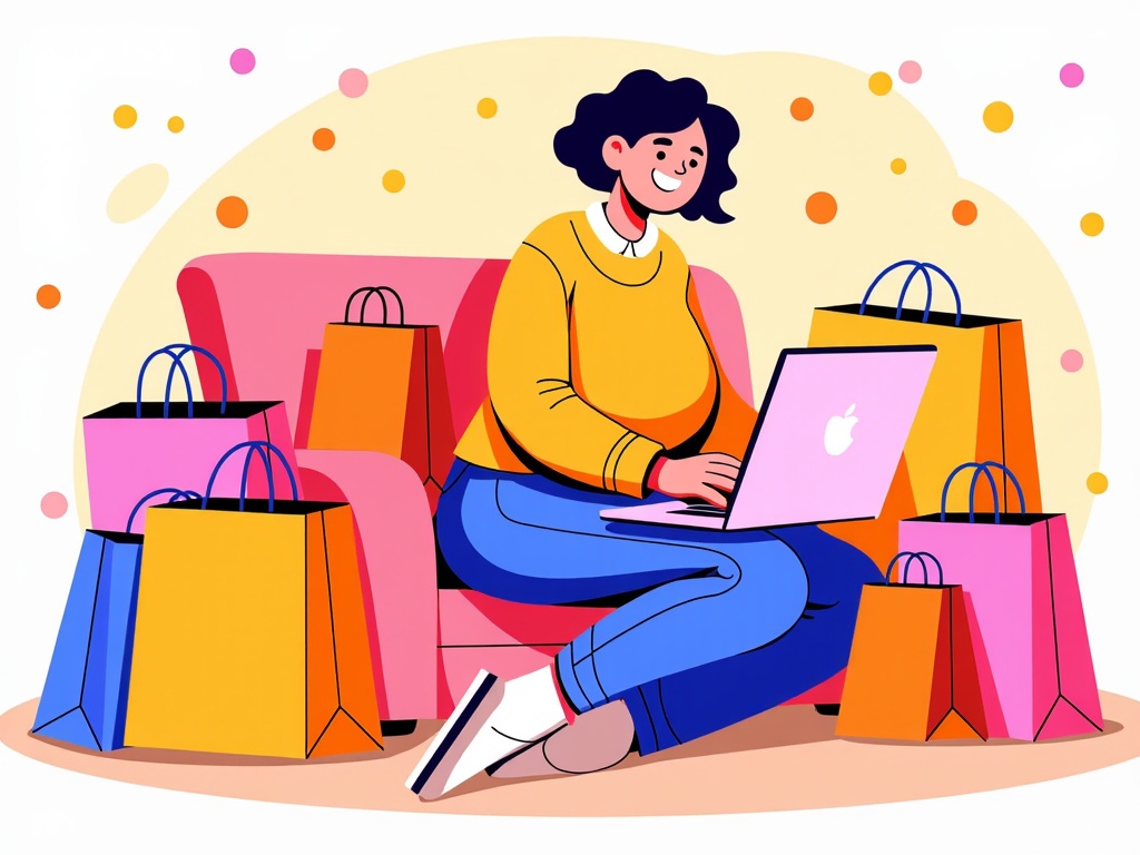  a young woman sitting on a pink couch with multiple shopping bags around her. She is wearing a yellow sweater, blue jeans, and white sneakers. She has curly hair and is smiling as she works on her laptop. The background is a light yellow color with small orange polka dots scattered around. The overall style of the illustration is flat and cartoon-like.