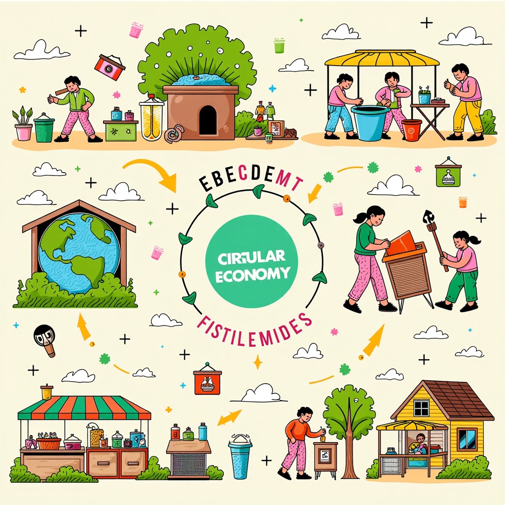 Depict a community-focused neighborhood implementing circular economy principles: a visible local composting center, a repair cafe bustling with activity, a marketplace for upcycled goods, and clear visual pathways showing waste-to-resource conversions.