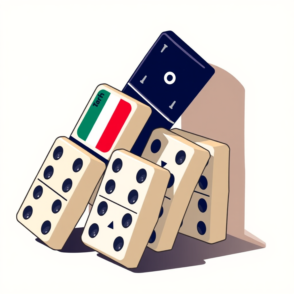 Sub-design 3: A series of dominoes toppling. The first domino, marked with 'Tariff' or a national flag/currency symbol, initiates the fall of subsequent dominoes, each representing a retaliatory measure (e.g., with a counter-arrow or a different flag).