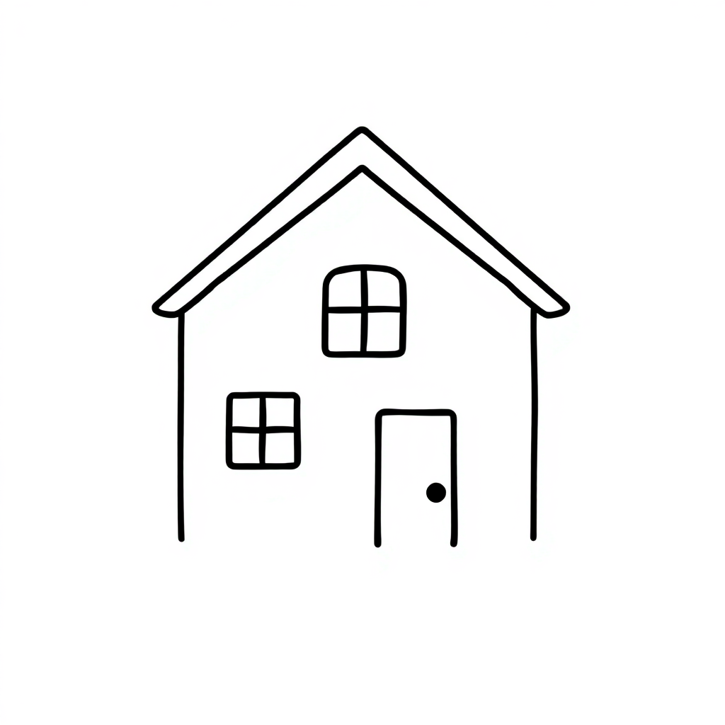 A simple line drawing of a house with a single window and door, using only black and white.