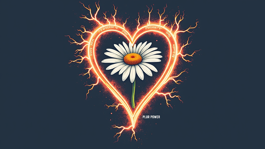 A minimalist design where a single, bold, electric-charged line art forms a continuous shape of a heart intertwined with a daisy. The words 'PLUR POWER' are subtly placed along the stem of the daisy or the curve of the heart, in a clean sans-serif font.
