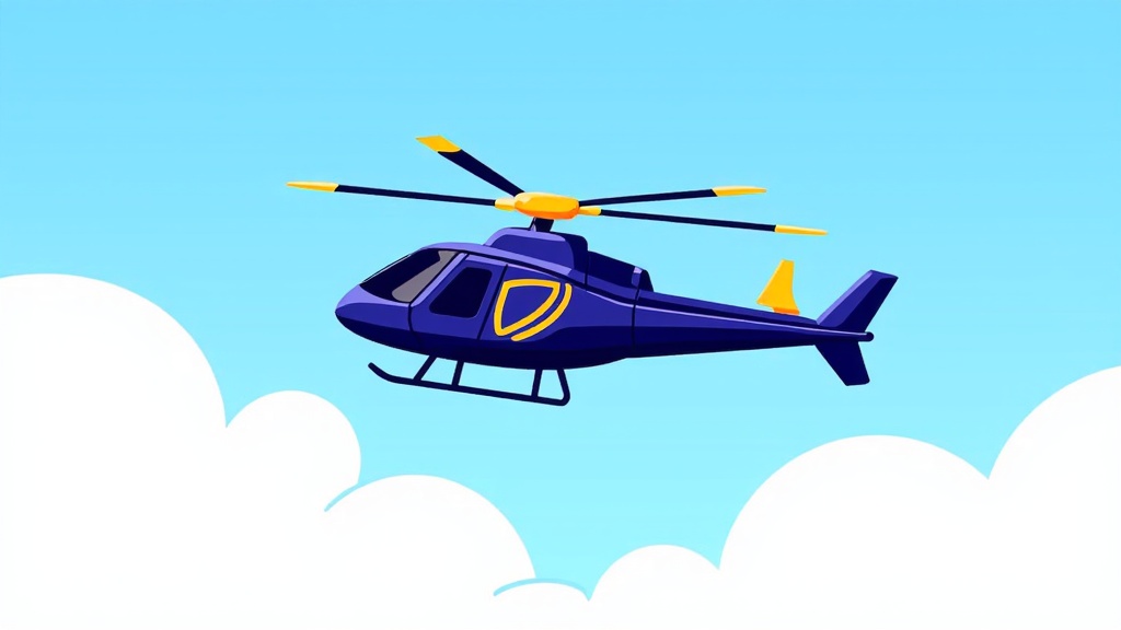 The image is a digital illustration of a blue helicopter flying in the sky. The helicopter has a yellow propeller and a blue body with a yellow logo on the side. It is flying above a group of white clouds. The sky is a light blue color and the clouds are white and fluffy. The image has a simple and cartoon-like style.