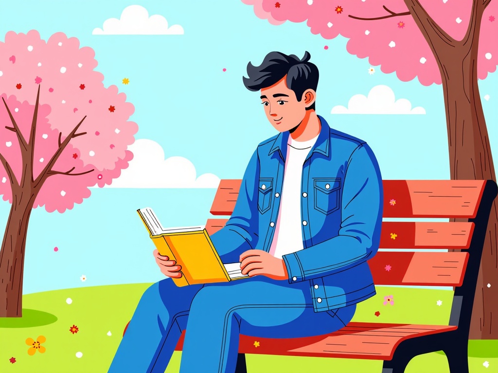  a young man sitting on a wooden bench in a park. He is wearing a blue denim jacket and jeans and is holding a yellow book in his hands. He appears to be engrossed in reading it. The bench is surrounded by trees with pink cherry blossom trees in full bloom, and there is a blue sky with white clouds in the background. The ground is covered in green grass and there are yellow flowers scattered around. The overall mood of the image is peaceful and serene.