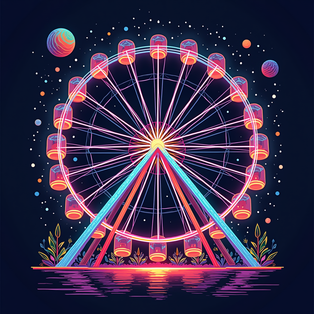 Abstract Geometric Pulse Wheel: An abstract interpretation of the Ferris wheel using dynamic geometric shapes, pulsating lines, and vibrant, kaleidoscopic rave colors to capture the energy of EDC's light shows and music.